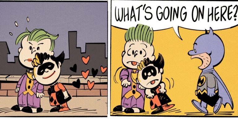 Charlie Brown Batman takes on Harley Sally and Joker Linus