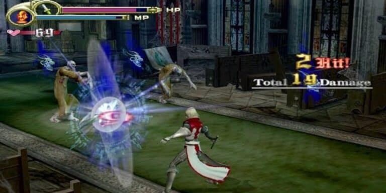 Castlevania: Lament of Innocence screenshot of Leon Belmont fighting zombies in a chapel