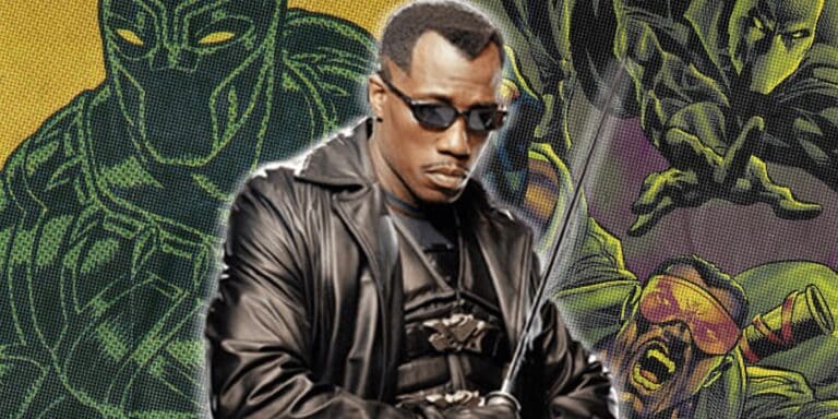 Wesley Snipes como Blade con Black Panther detrás de él