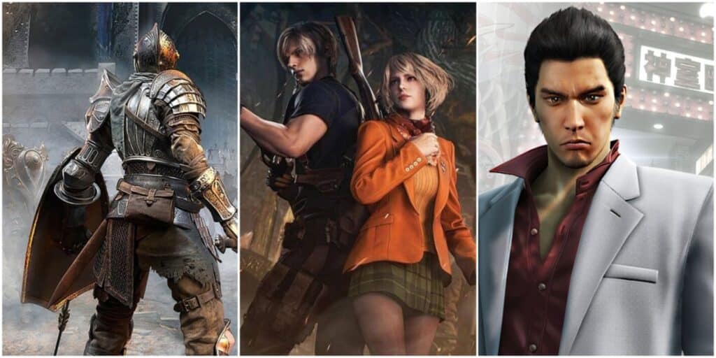 A shared image of Demon's Souls Remake, Leon and Ashley in the Resident Evil 4 remake and Yakuza Kiwami