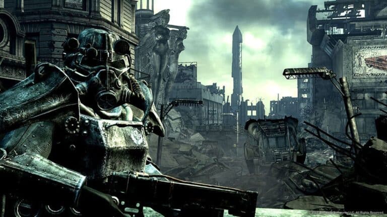 Wastelander con Power Suit inspeccionando las ruinas de Fallout 3