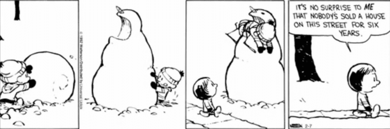 Calvin crea un muñeco de nieve para que parezca que se lo está comiendo en Calvin y Hobbes.
