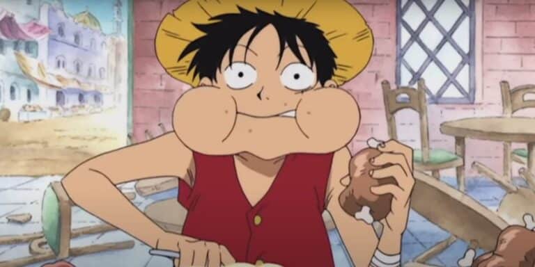 Monkey D. Luffy stuffs his face with meat in one piece