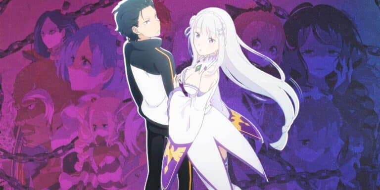 Custom image of Subaru and Emillia looking behind them worriedly in Re Zero.