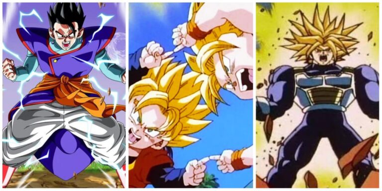 A split image of Ultimate Gohan, fusion dance and Super Saiyan Third Grade from Dragon Ball