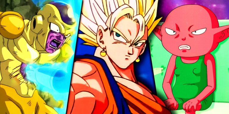 Super Saiyan Vegito alongside images from the Golden Frieza saga of Dragon Ball Super and the Universe 6 saga