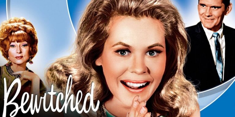 Arte promocional de Bewitched con Endora, Samantha Stephens y Darrin Stephens de izquierda a derecha.