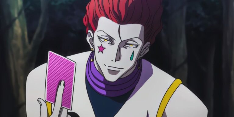 Hisoka se prepara para luchar contra Gotoh con un naipe en Hunter x Hunter.