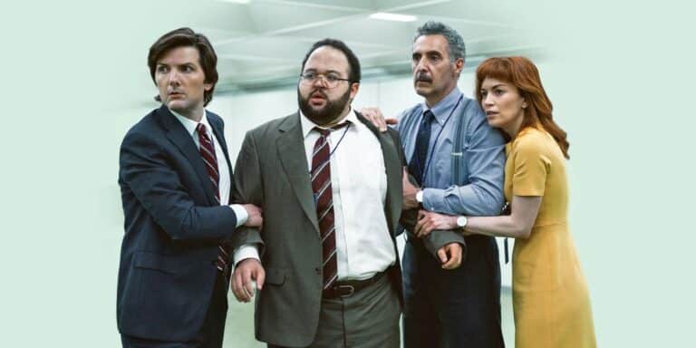 The main cast of AppleTV's Severance, Mark, Helly, Irving and Dylan, standing together.