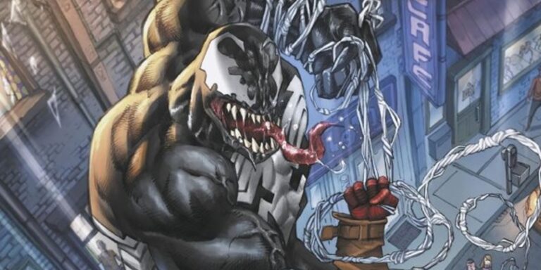 Venom defeats Spider-Man in a battle above New York.