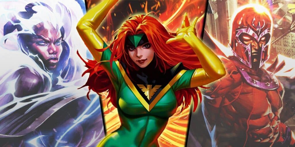 Split image of Storm, Phoenix and Magneto from the X-Men comics