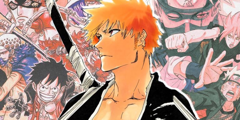 Ichigo Kurosaki of Bleach in front of One Piece and Naruto