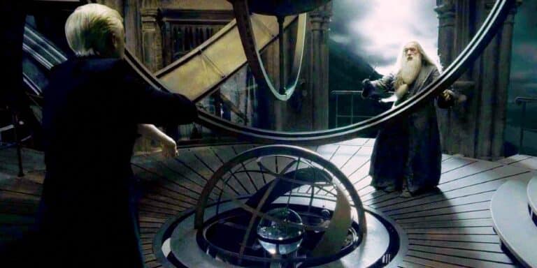 Draco points to his wand to Dumbledore in the Astronomy Tower at Harry Potter and the Prince half-blood.