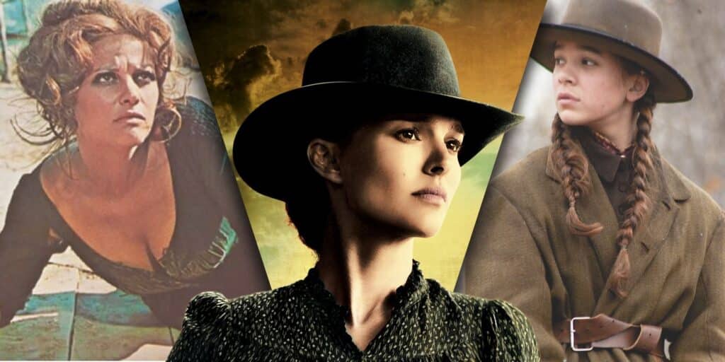 Split images of Mattie (Hailee Steinfeld) from True Grit, Jill McBain (Claudia Cardinale) from Once Upon a Time in the West, and Jane Hammond (Natalie Portman) from Jane Got a Gun are stitched together to form a custom image.