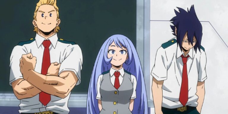 Los Tres Grandes (Mirio Togata, Nejire Hado y Tamaki Amajiki) parados frente a la Clase 1-A en My Hero Academia.