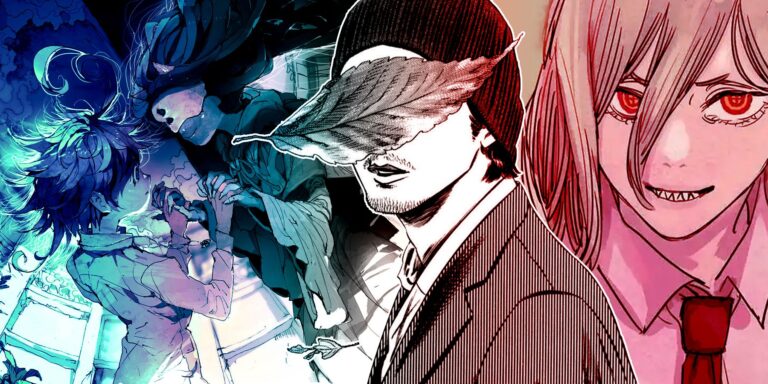 Collage de manga de terror con Chainsaw Man's Power a la derecha