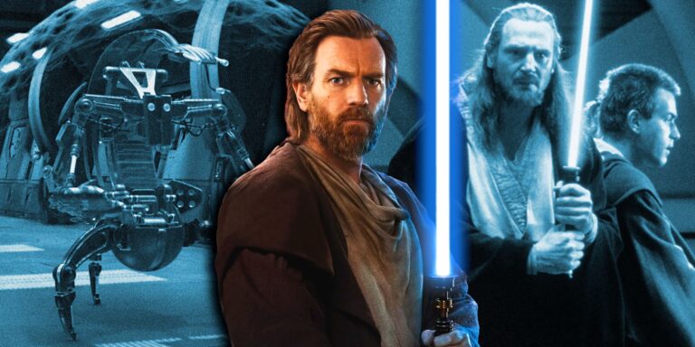Obi-Wan Kenobi frente a un Droideka y Qui-Gon Jinn de Star Wars: Episodio I-The Phantom Amenaze