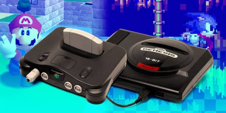 The Sega Genesis and N64 with graphics from Sonic the Hedgehog and Super Mario 64 in the background