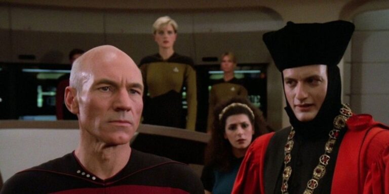 Star Trek: TNG Episode encounter at Farpoint with always picard and q with tro in the background