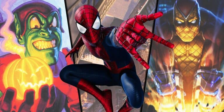 Spider-Man by Andrew Garfield using his web-shooters with Green Goblin's Pumpkin Bom and Vibro-Gauntlets de Shocker from Marvel Comics