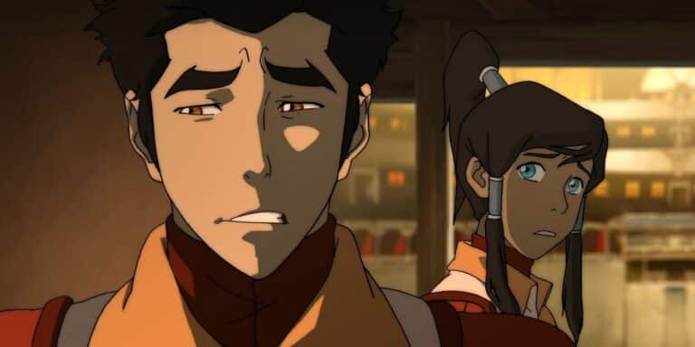 Mako se ve nervioso mientras un Korra sonrojado en la leyenda de Korra.
