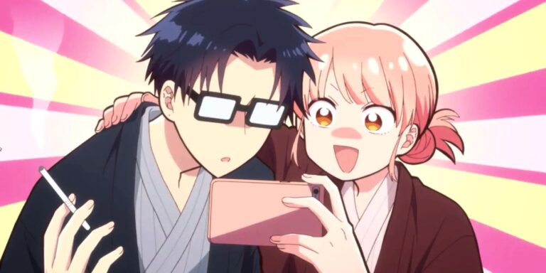 Nifuji y Narumi miran un teléfono en Wotakoi mientras Nifuji fuma un cigarrillo.