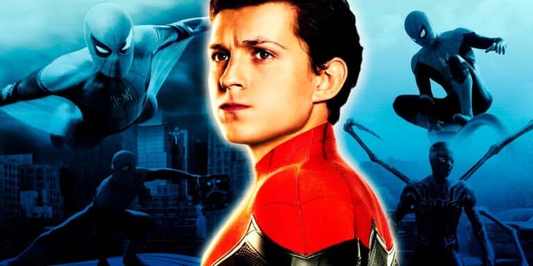 Spider-Man of Tom Holland is surrounded by images of his MCU trilogy