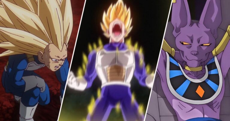 Super Saiyan 3 Vegeta en sus rodillas de dolor, Super Saiyan 2 Vegeta gritar es mi Bulma y Beerus sonriendo