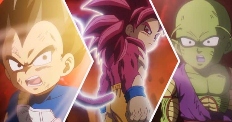Vegeta, Super Saiyan 4 Goku y Piccolo de Dragon Ball Daima Episodio 18