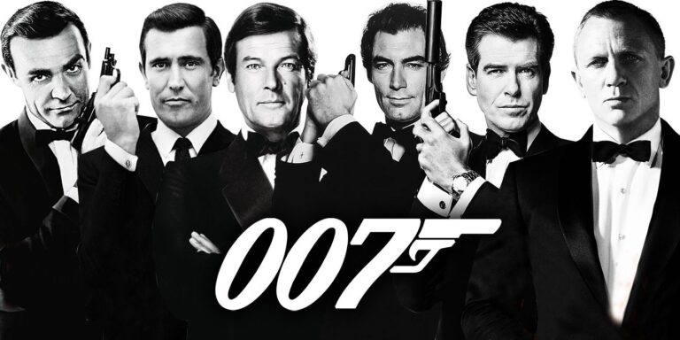 Each actor from James Bond together in black and white.