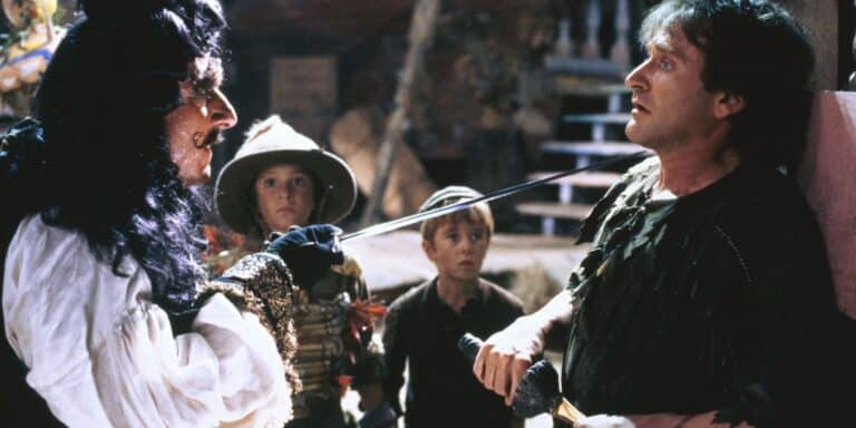 Dustin Hoffman como Hook y Robin Williams como Peter Pan en Hook