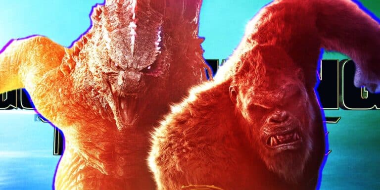Un collage de Godzilla y King Kong rumaning en Godzilla x Kong New Empire.