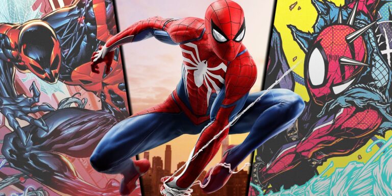 Divided image of Spider-Man from Insomniac, Spider-Man 2099 and Spider-Punk from Marvel Comics