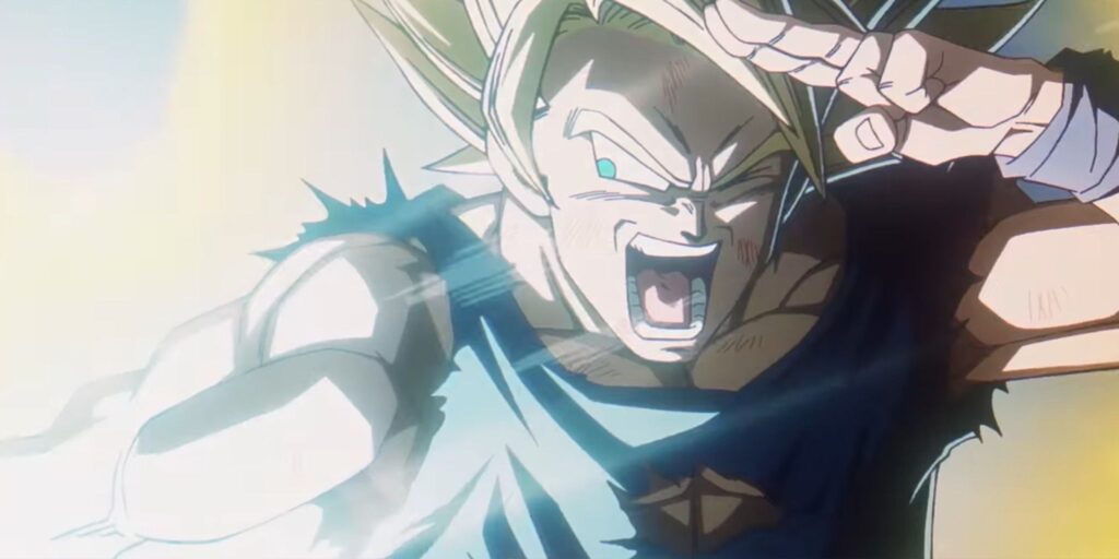 Goku Super Saiyan tira de la bomba espiritual a Kid Buu en Dragon Ball Daima Flashback