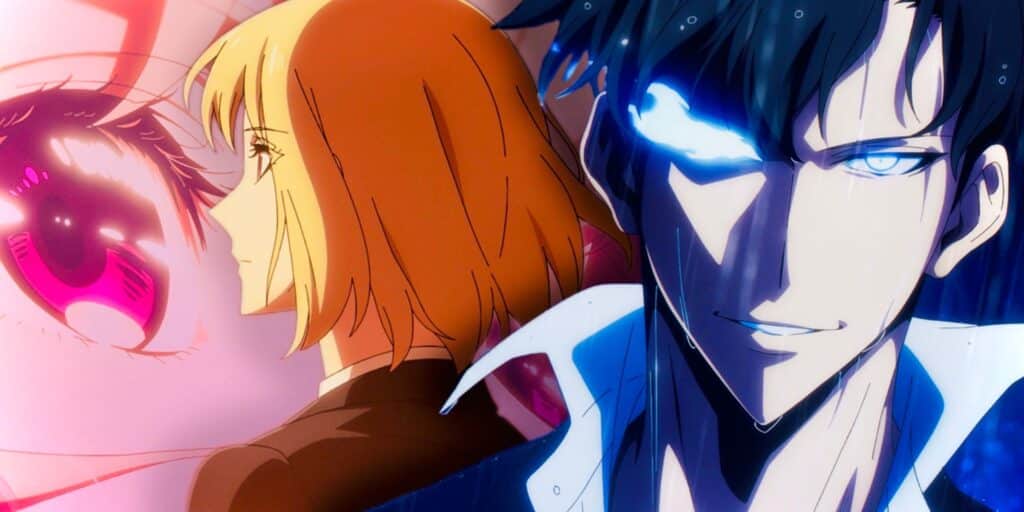 Sung Jinwoo sonríe con Cha Haein detrás de él en el episodio 25 Solo 25