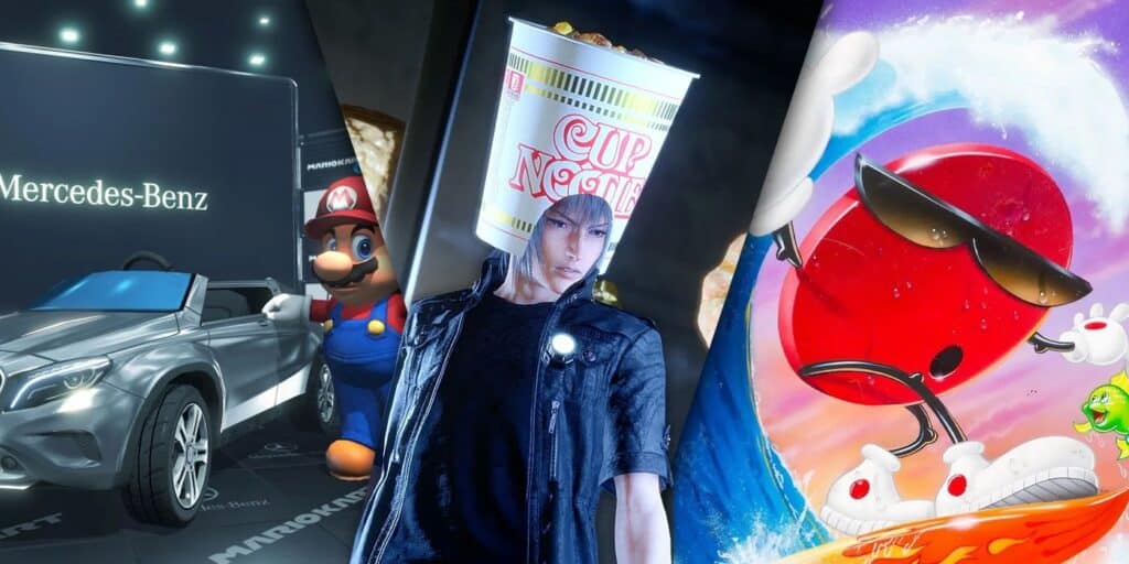 Ubicación de productos de fideos de copa en FFXV, Fresh Point, Mercedes-Benz Product Colocación en Mario Kart 8-1