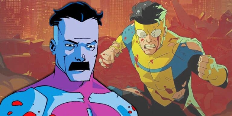 Imagen dividida del invencible preparándose para la batalla con la franja cómica de Omni-Man
