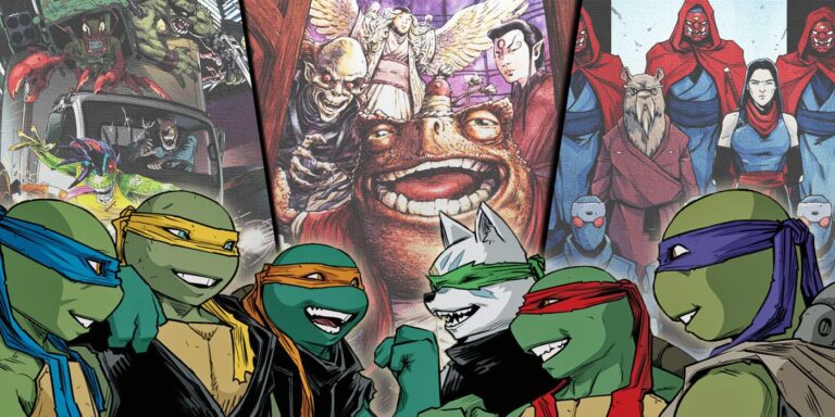 Idw Splinter Clan con mutanimales, panteón y clan de pie en el fondo de los cómics tmnt