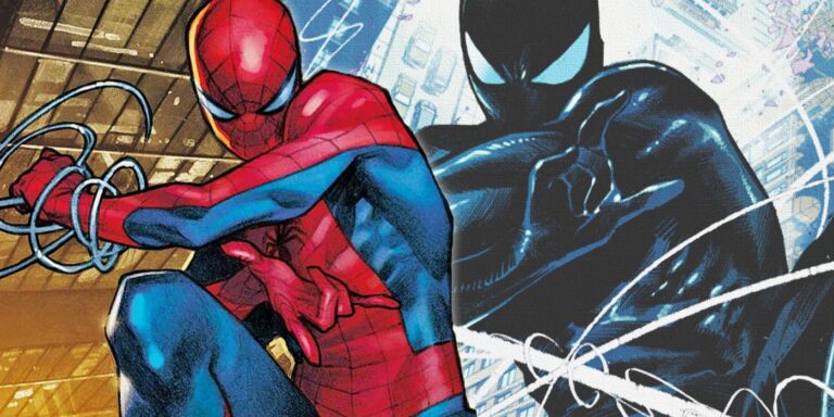 Ultimate Spider-Man Swing con su traje de picos oscuro en el fondo
