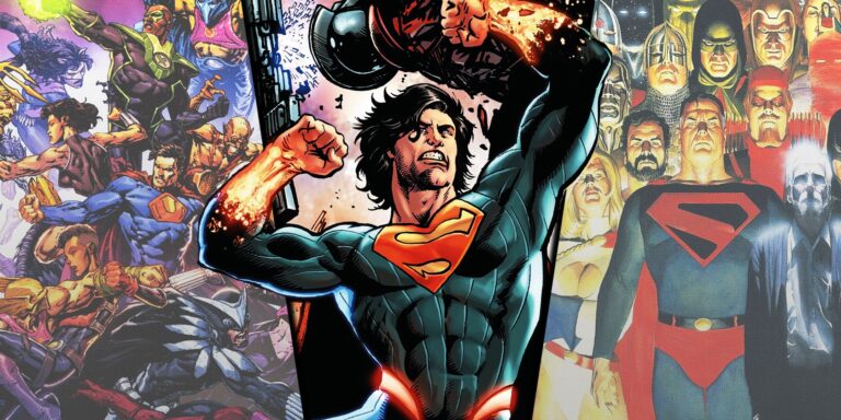 La imagen dividida del superman absoluto de DC con la unión del crimen y Kingdome proviene de los personajes