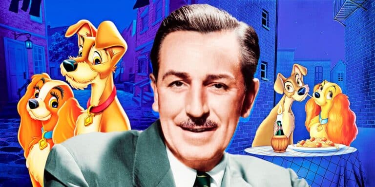 Lady and the tramp in the background with Walt Disney in the foreground