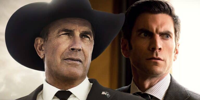 Las imágenes de John Dutton (Kevin Costner) y Jamie Dutton (Wes Bentley) que parecen serias en Yellowstone se brotan juntos.