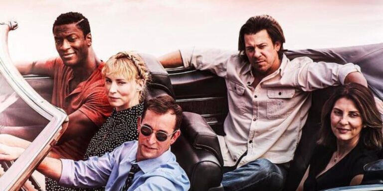 Aldis Hodge como Les Hardison, Beth Riesgraf como Parker, Noah Wyle como Harry Wilson, Christian Kane como Eliot Spencer, Gina Bellman en el papel de Sophie Devereaux en un automóvil en la palanca de la redención