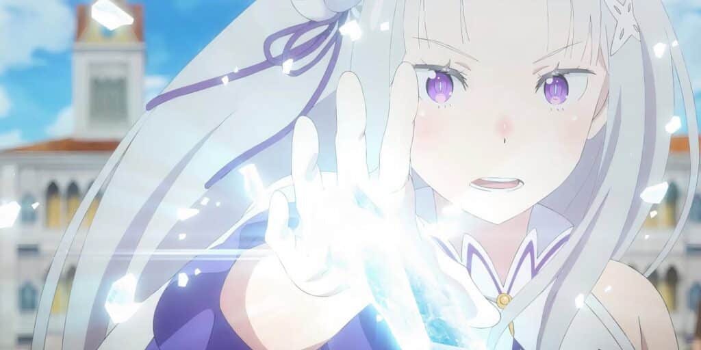 Emilia using the magic of ice with her outstretched hand in the anime re: zero.