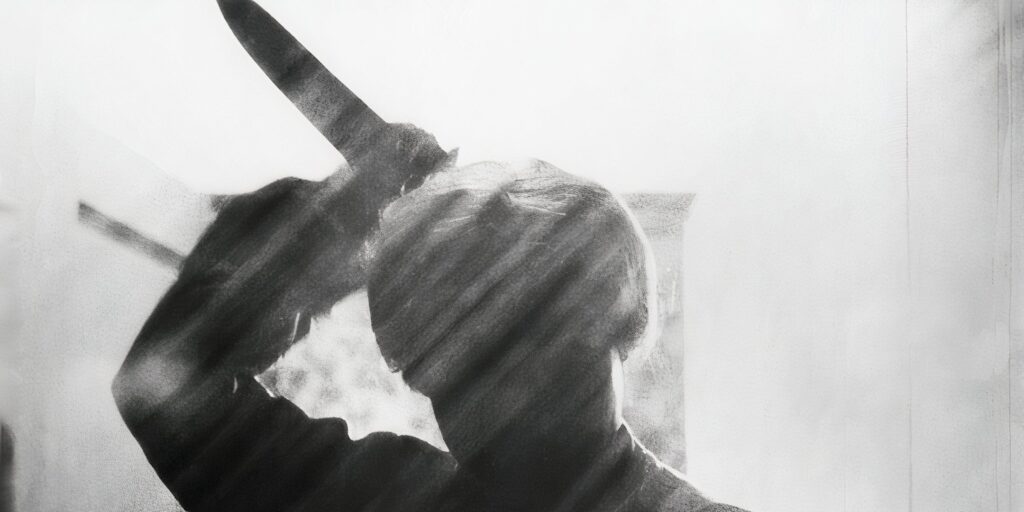A silhouette of Norman Bates (Anthony Perkins) carrying his mother's clothes and holding a knife in the Psycho's shower scene.
