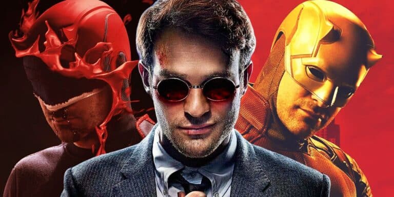 Split: Charlie Cox like Daredevil in red costume, Matt Murdock and in yellow costume