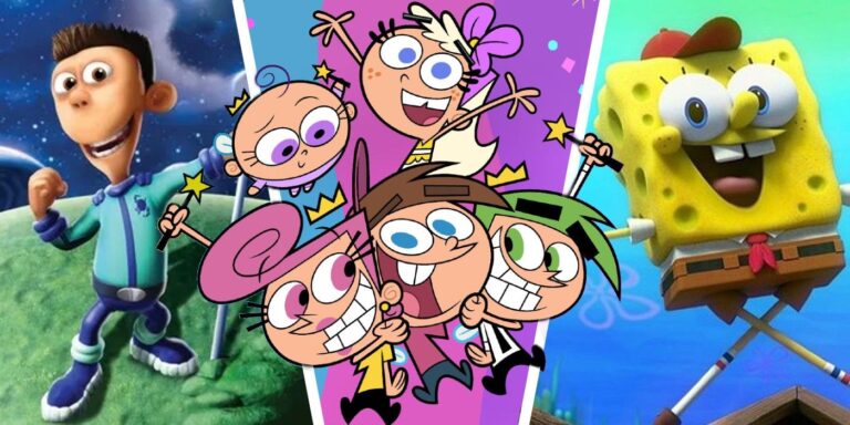 The fairly strange actors poses with a planet of planet and spongebob of Kamp Koral.