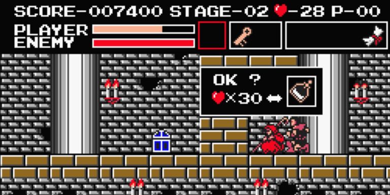 Castlevania Mercant con Simon comprándole un artículo