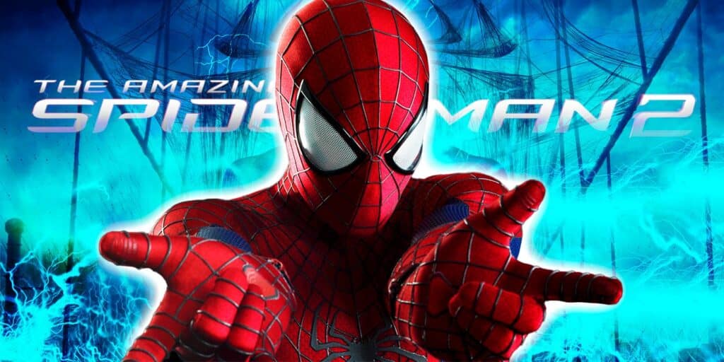 Spider-man making his signature installation in front of the incredible Spider-Man 2 logo