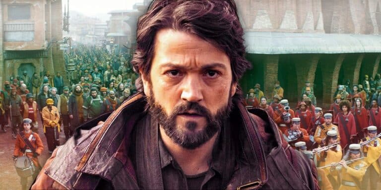 Cassian Andor con la procesión fúnebre de Maarva en Rix Road en los antecedentes de Andor.